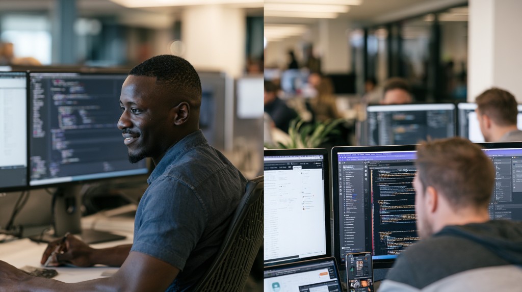 Software engineers working at multi-monitor desks in a modern office — focused delivery work across coding and product engineering.